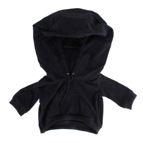 The Playge Black Hoodie for 20" Squadt features a front pocket and drawstrings, and is shown laid flat on a white background.