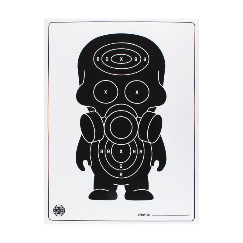 The Playge Black Gassed Target Print is a silhouette shooting target made from target-grade paper, featuring a gas mask figure with black ink scoring rings on the head and chest for precision practice.