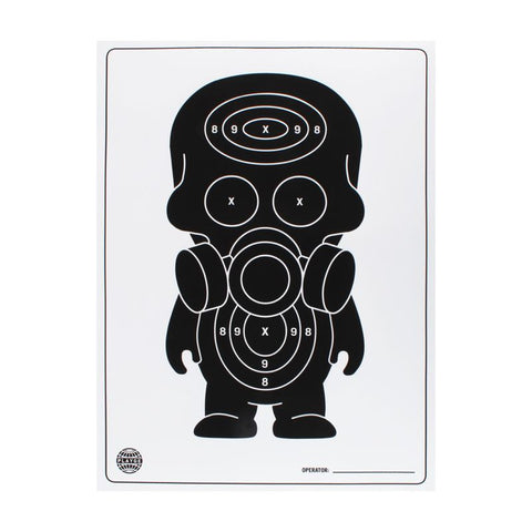 The Playge Black Gassed Target Print is a silhouette shooting target made from target-grade paper, featuring a gas mask figure with black ink scoring rings on the head and chest for precision practice.