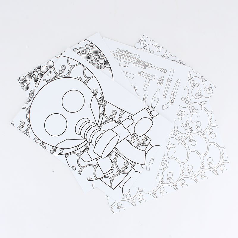 Rotofugi Coloring Cards Set 2 - Ferg features black and white cartoon character designs wearing gas masks, printed on heavy cardstock by Rotofugi.
