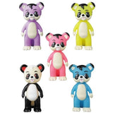 Five colorful Tanuki no Pokopon figurines from Medicom’s Vinyl Artist Gacha Series 6 stand upright in purple, yellow, pink, black and white, and blue—each with a white belly and large eyes.
