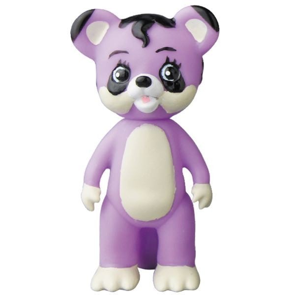 A Medicom Vinyl Artist Gacha Series 6 - Tanuki no Pokopon figurine, shaped like a purple cartoon bear with a white belly, white paws, black-tipped ears, and big eyes, stands upright on a plain background.