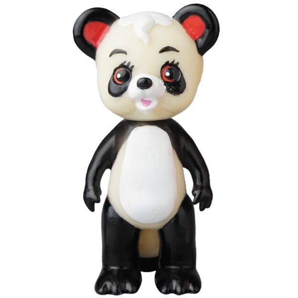 A charming Medicom Vinyl Artist Gacha Series 6 - Tanuki no Pokopon figurine stands upright with large eyes, red inner ears, and a white fur patch on its head against a white background.