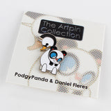 Limited edition enamel pin featuring Swanicorn & Panda, on a backing card labeled 