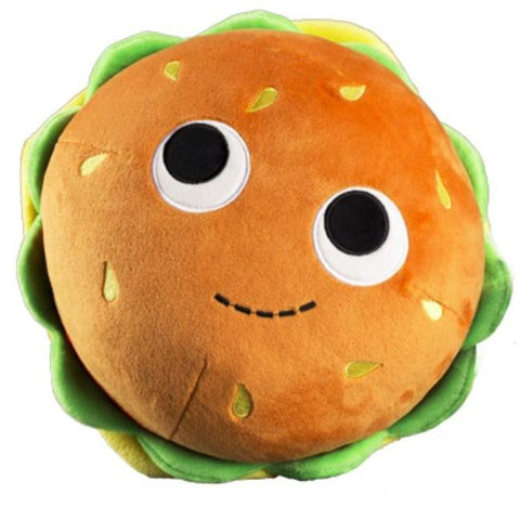 The Kidrobot Bunford Burger - 10 inch Yummy World Plush is a round burger plush toy with green lettuce, a brown bun, big cartoon eyes, and a stitched smile—perfect for food lovers and plush collectors.