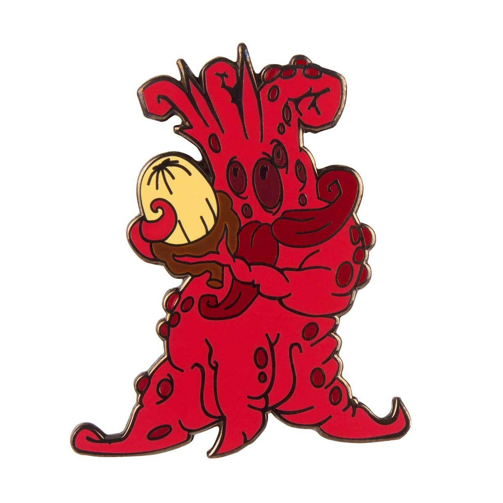 A red, tentacled cartoon creature holding a yellow egg in a brown nest, set against a white background—