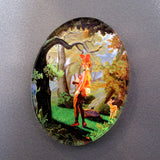 The Rotofugi Ain Cocke Playboy Redux Acrylic Magnet features a limited edition oval painting of a figure in a red feathered hat, standing beside a tree and deer in the woods, inspired by Ain Cocke’s artwork.