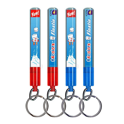 The Inked Pulp Marshall Artist Action Fob Floatie Keychain set includes four floating keychains with cartoon marshmallow graphics and "Floatie" text—two with red bottoms, two with blue—perfect for a fun, collectible novelty fob.