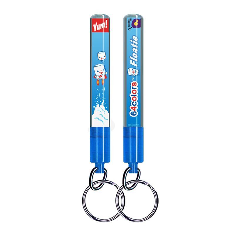 Set of two blue 4-color Inked Pulp pens with Marshall Artist Action Fob Floatie Keychains, featuring cartoon marshmallows and 