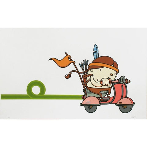 “Untitled (Scooter) Screenprint by Mike Budai features a cartoon character in a feathered helmet riding a red scooter with arrows and an orange flag, set against a green circular background. Limited edition, signed and numbered.”.