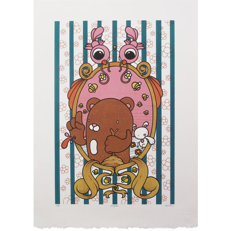 The Honey Bear Photo Lithograph by Mike Budai features a cartoon brown bear on an ornate pink chair with eyes, next to a small white bunny, set against a striped background with flower motifs. Limited edition by Mike Budai.