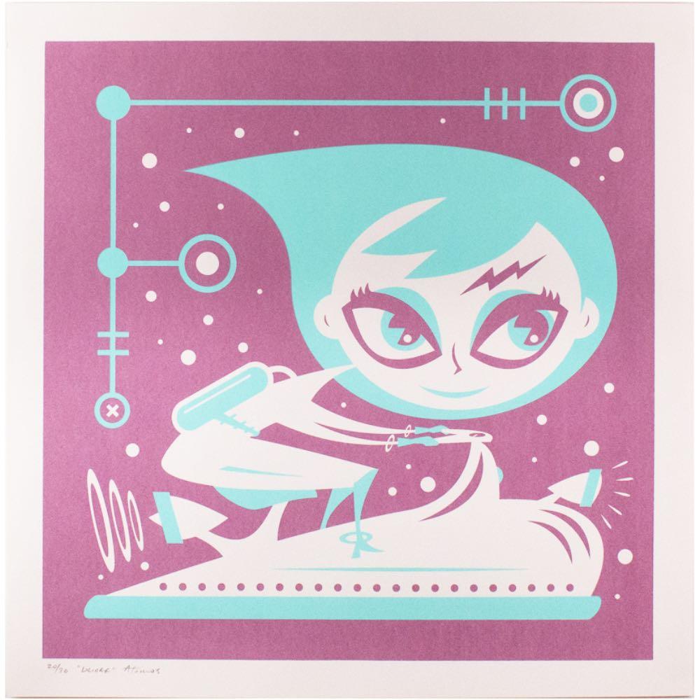 Glider Print by Mark 'Atomos' Pilon for Mark Pilon: A screen print featuring a stylized girl with teal hair on a rocket in space, surrounded by geometric shapes and stars on purple; inspired by Mark Atomos Pilon's style, edition of 30.