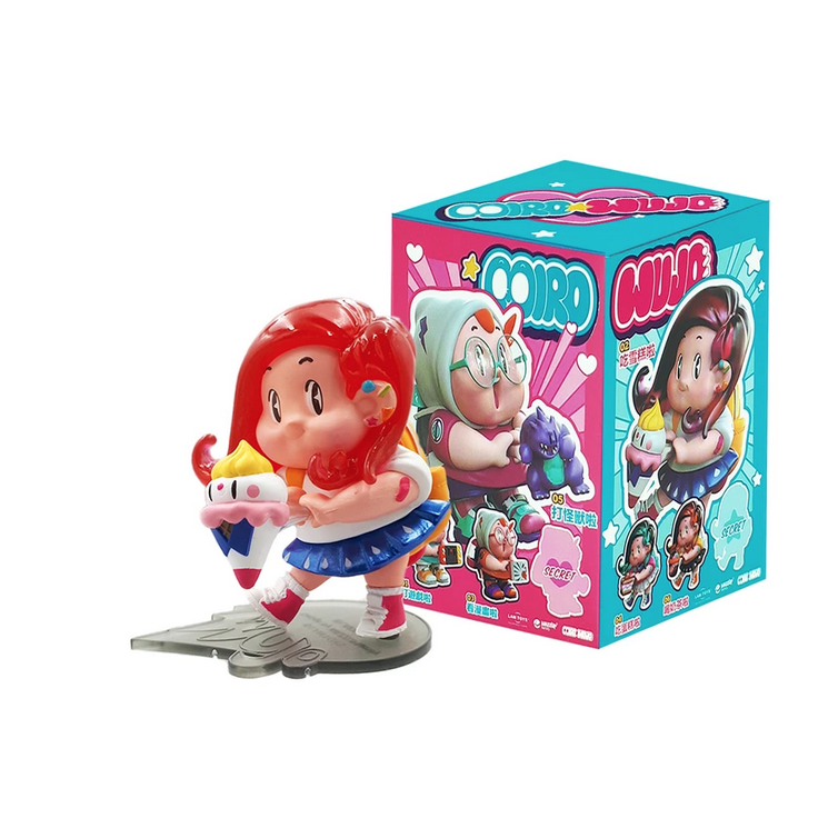 A vibrant cartoon girl with red hair and an ice cream stands before a matching blue-pink box from the Miro & Wujo Blind Box series by LAM Toys, which features similar playful characters.