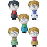 Five VAG Series 25 Edward the Timid Friend figurines by SONIC, from Medicom, each with blank or spiral eyes and colorful coats and scarves, form a loose circle on a white background—ideal for Japanese vinyl toy collectors.