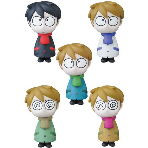 Five VAG Series 25 Edward the Timid Friend figurines by SONIC, from Medicom, each with blank or spiral eyes and colorful coats and scarves, form a loose circle on a white background—ideal for Japanese vinyl toy collectors.