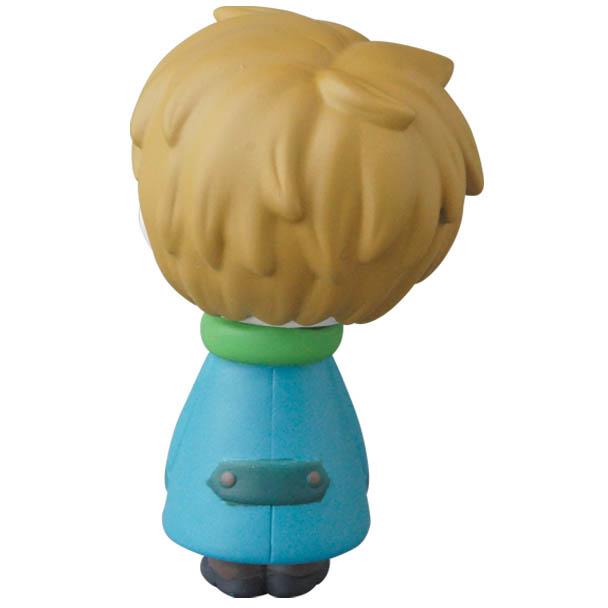 Edward the Timid Friend by SONIC (VAG Series 25, Medicom): Light brown-haired figure in a blue coat with green collar, shown from the back on a white background; styled like collectible Japanese vinyl gachapon toys.