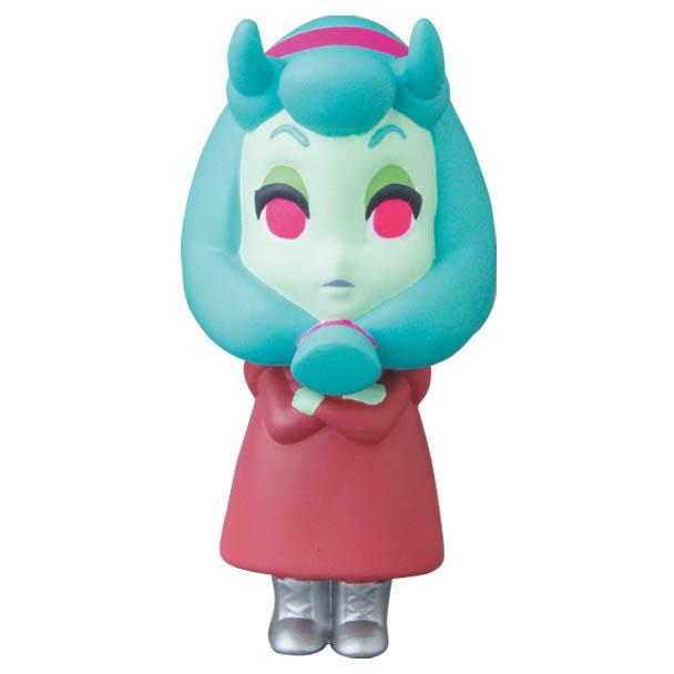 Medicom's VAG Series 25 — Maria by Asami Matsumura is a Japanese vinyl toy featuring teal hair, pink eyes, light green skin, a red dress, silver boots, and crossed arms.