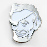 The Rotofugi Pirate Abe Enamel Pin by Rotofugi features a silver and white minimalist outline of Abraham Lincoln with an eyepatch—an ideal quirky mascot pin for any designer toy store.
