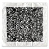 The Cherry Moth Cake Bandana by Cherry Moth Cake is a white square scarf with a detailed black symmetrical pattern featuring botanical and abstract elements in a mandala-inspired design.