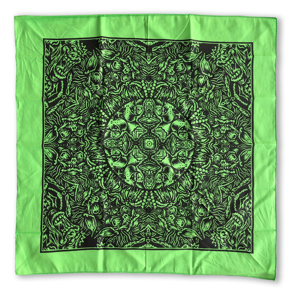 The Cherry Moth Cake Bandana by Cherry Moth Cake features a bright green color with a symmetrical, intricate black floral and organic pattern, shown flat on a white background.