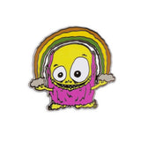 A cartoonish yellow creature with big eyes and pink fur holds a rainbow with clouds—one of The Artpin Collection’s playful Fleabaines enamel pins.