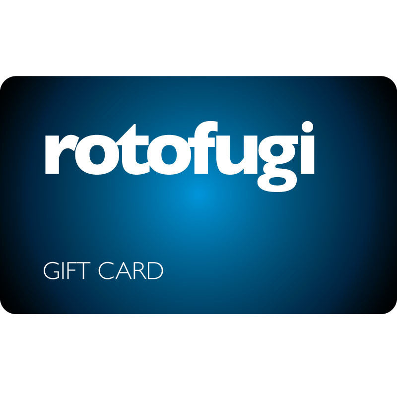 The Rotofugi Physical Gift Card features a blue gradient design with 