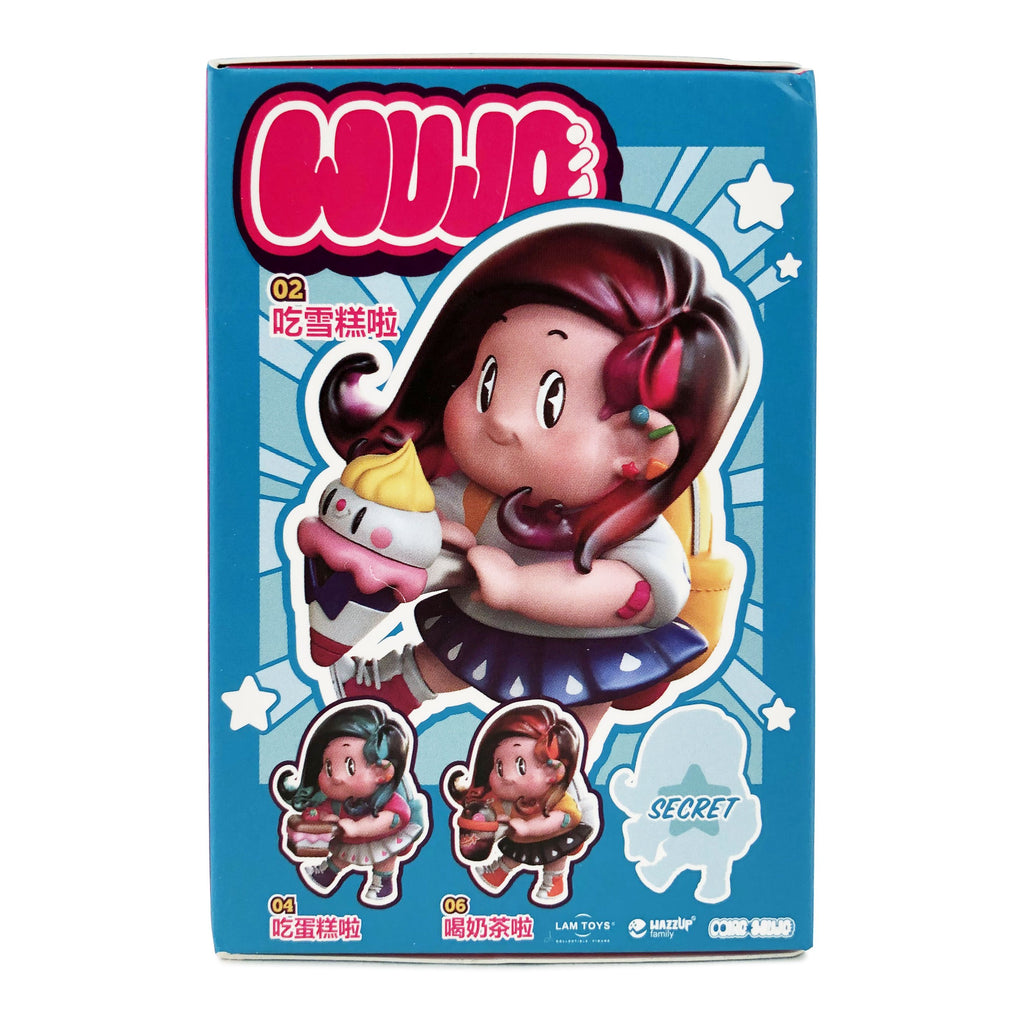 The Miro & Wujo Blind Box by LAM Toys features a pop cartoon girl with a cupcake, two smaller Miro & Wujo images, a secret silhouette, and non-English text on a blue box—ideal for blind box fans!.