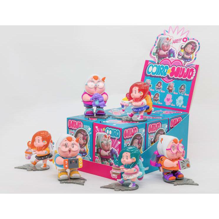 Six vibrant Miro & Wujo figures from LAM Toys are shown in front of and atop a blue and pink Miro & Wujo Blind Box, which displays images and names of the characters.