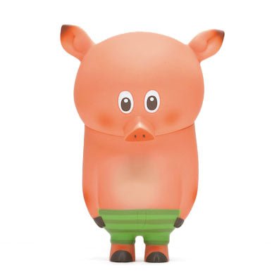 Woo Pig — Green Shorts by How2Work features a cartoon piggy with large eyes, inspired by Kohei Ogawa, wearing green striped shorts and standing forward against a white background.